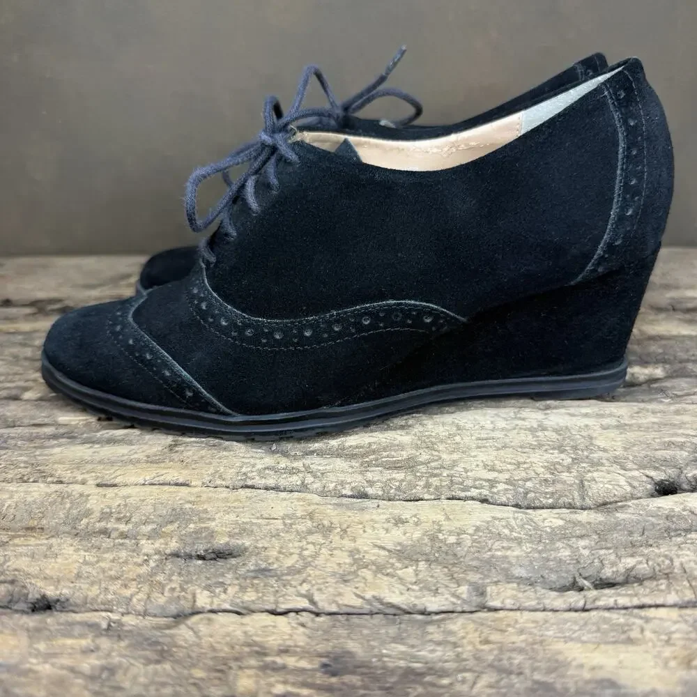 Ellen Tracy Tobin Black Suede Leather Comfort Wedge Heel Oxfords Women’s 7.5